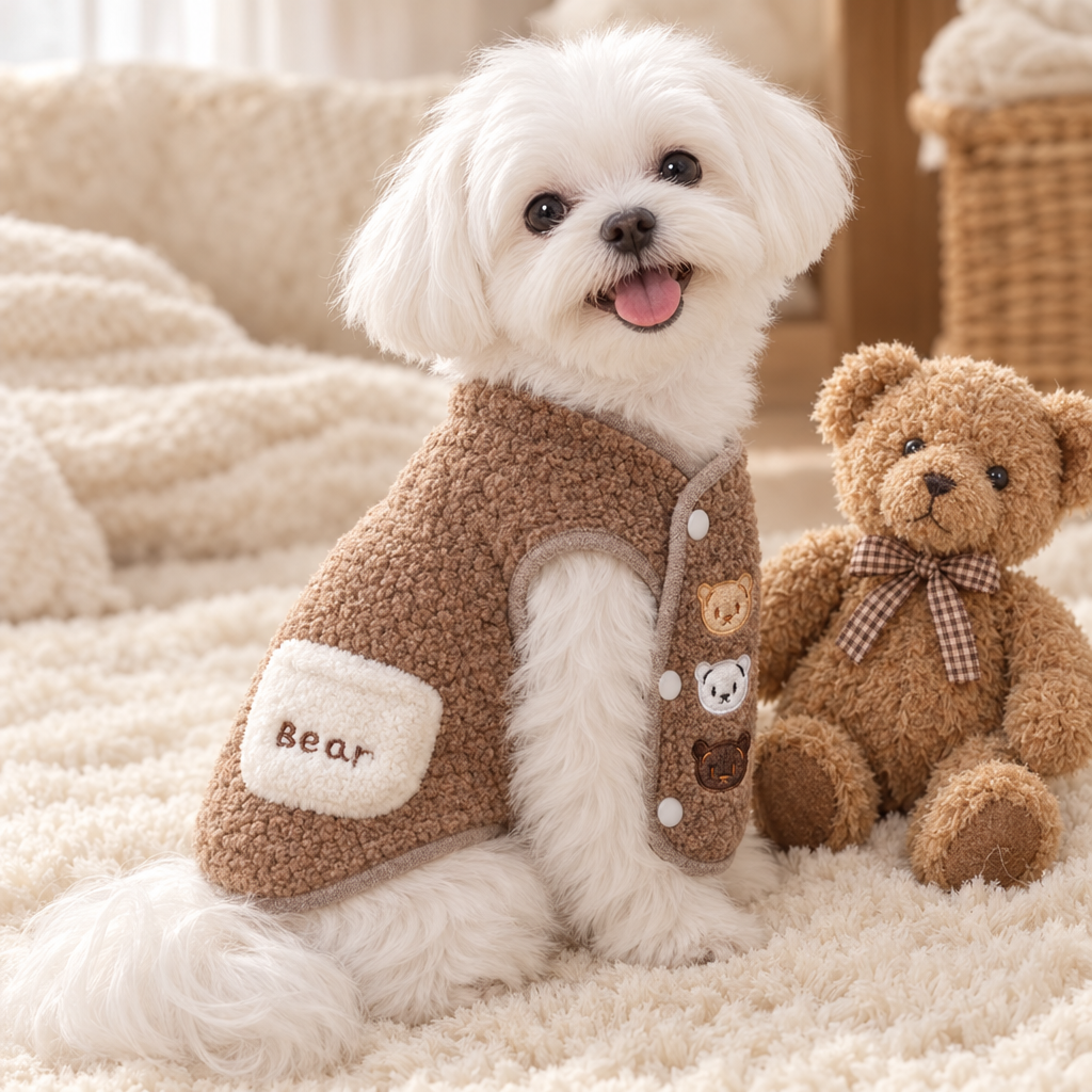 Bichon maltais en gilet polaire ourson marron