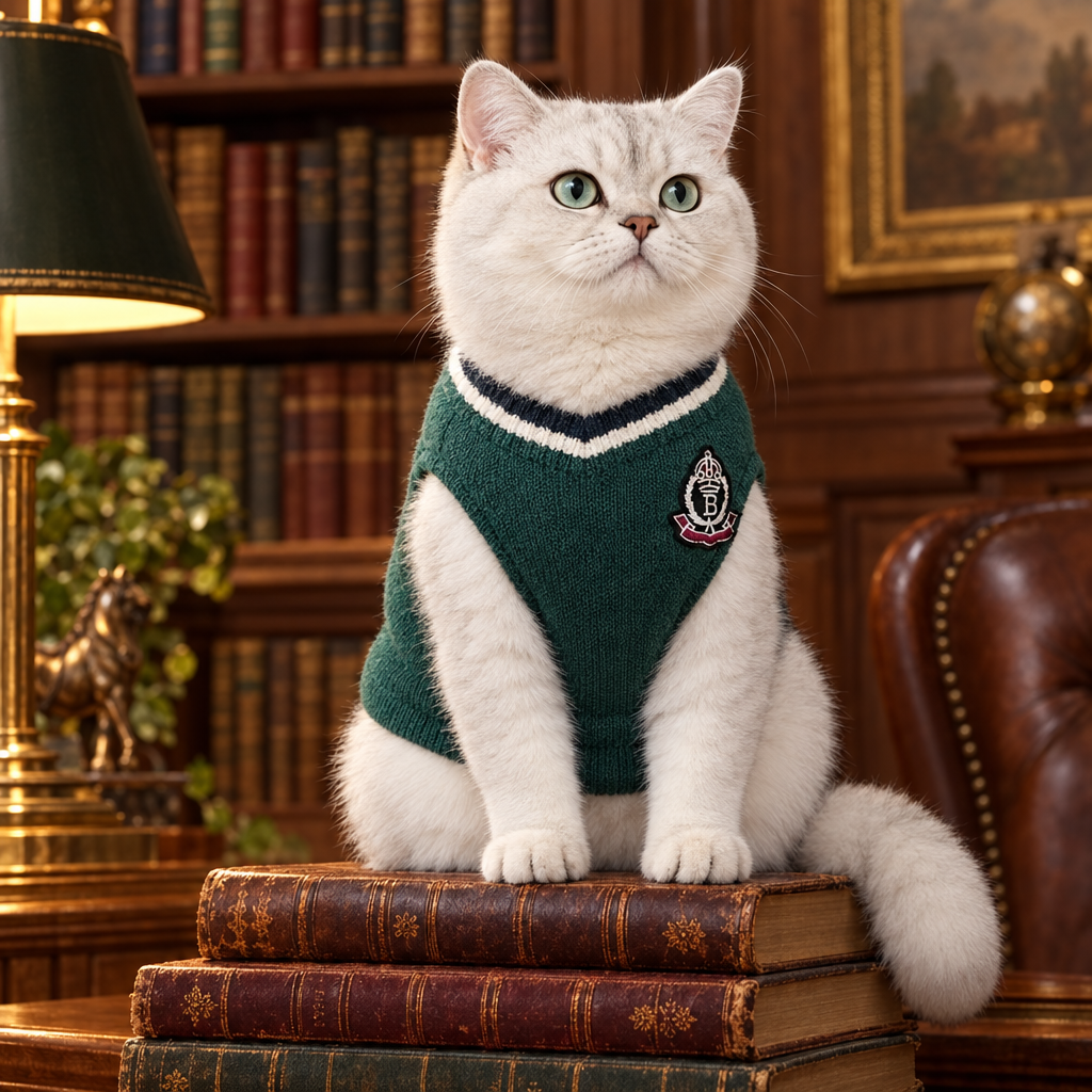 Chat en pull col V vert à écusson