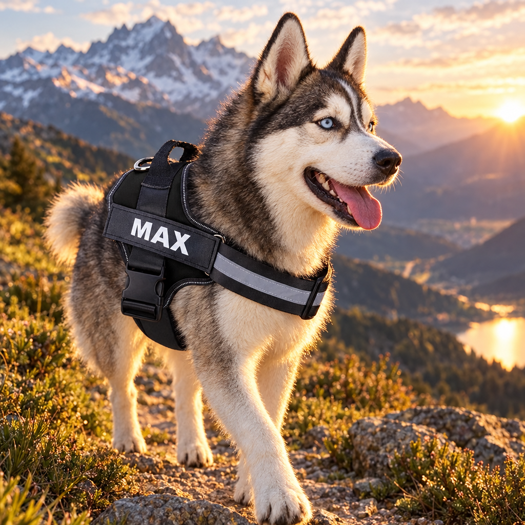 Husky en randonnée avec son harnais personnalisé MAX