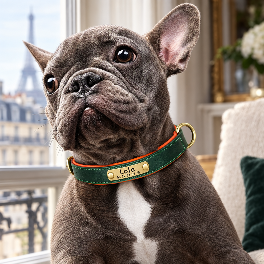 Bouledogue français avec son collier en cuir gravé Lola