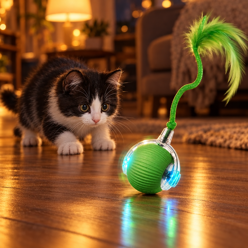 Chaton qui observe la balle interactive lumineuse le soir