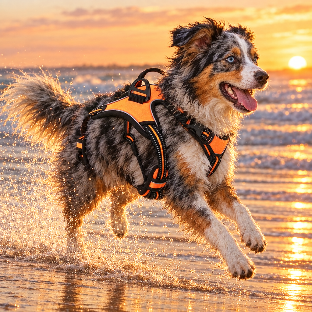 Berger australien qui court sur la plage avec le harnais anti-traction orange