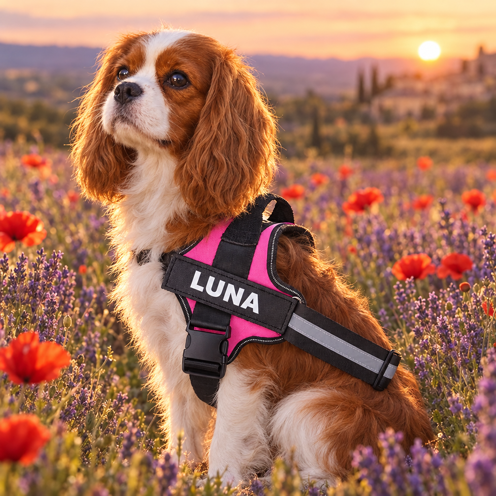 Cavalier King Charles avec harnais rose personnalisé LUNA