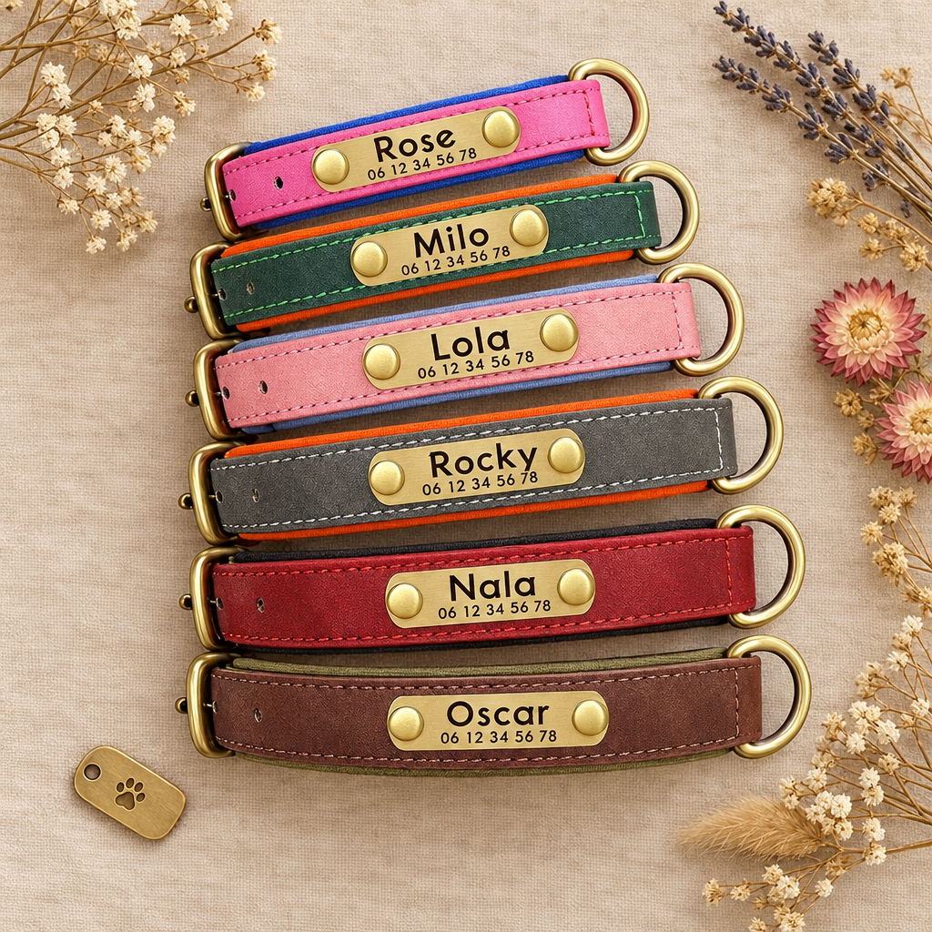 Colliers en cuir gravés au nom du chien, 6 coloris