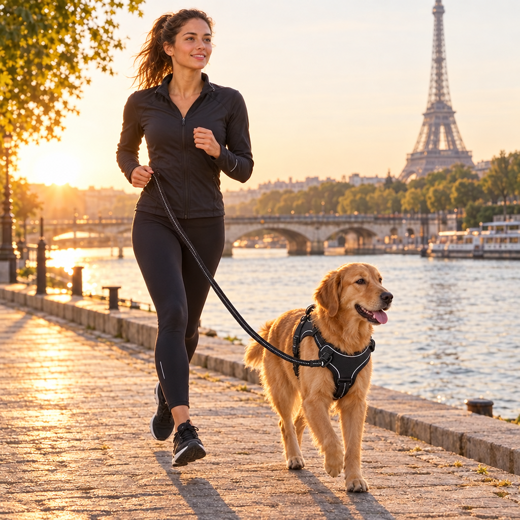Jogging le long de la Seine avec un chien en harnais anti-traction