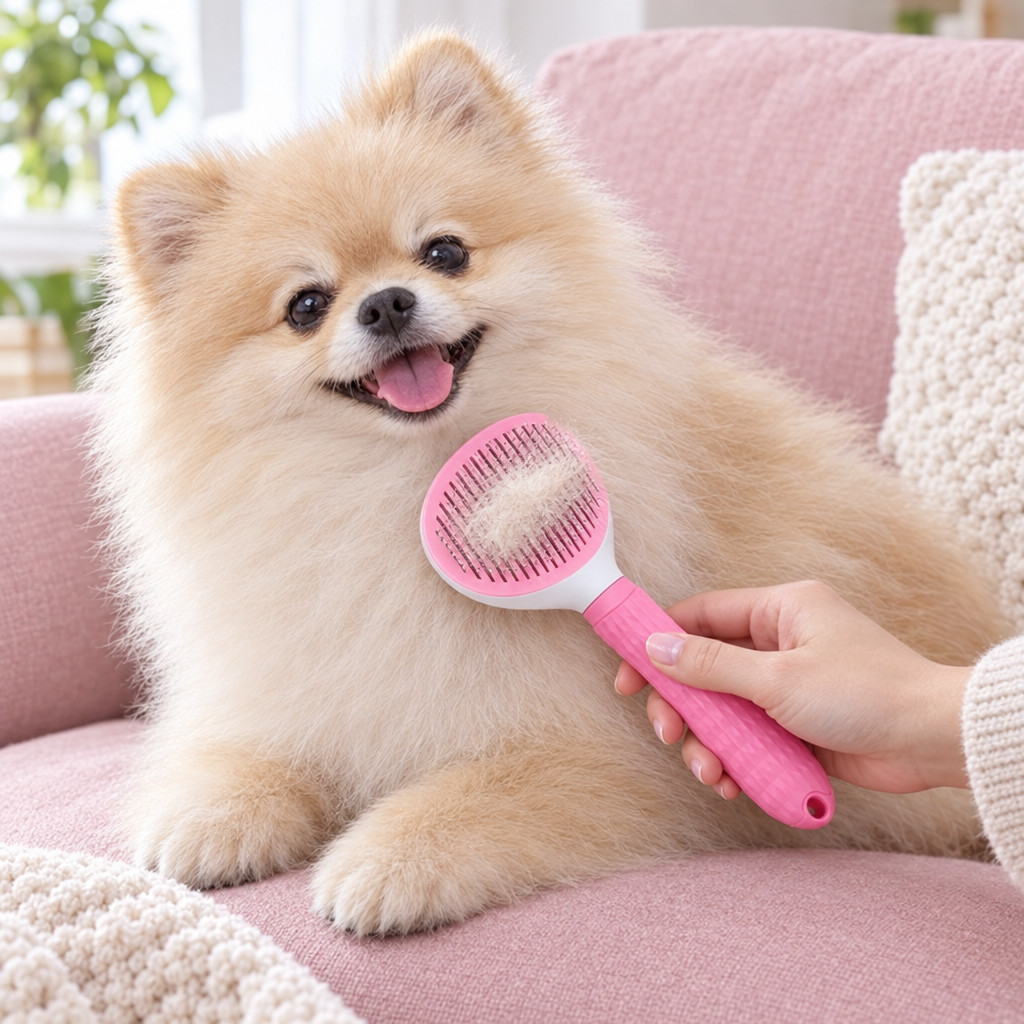 Pomeranian brossé avec la brosse autonettoyante rose