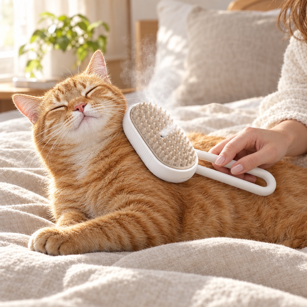 Chat roux brossé avec la brosse vapeur blanche