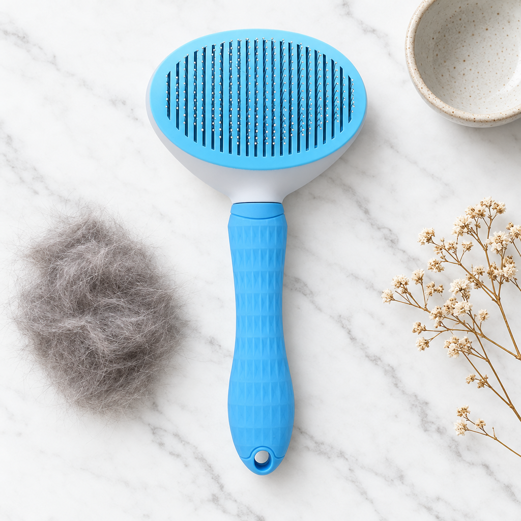 Brosse autonettoyante bleue et poils récupérés