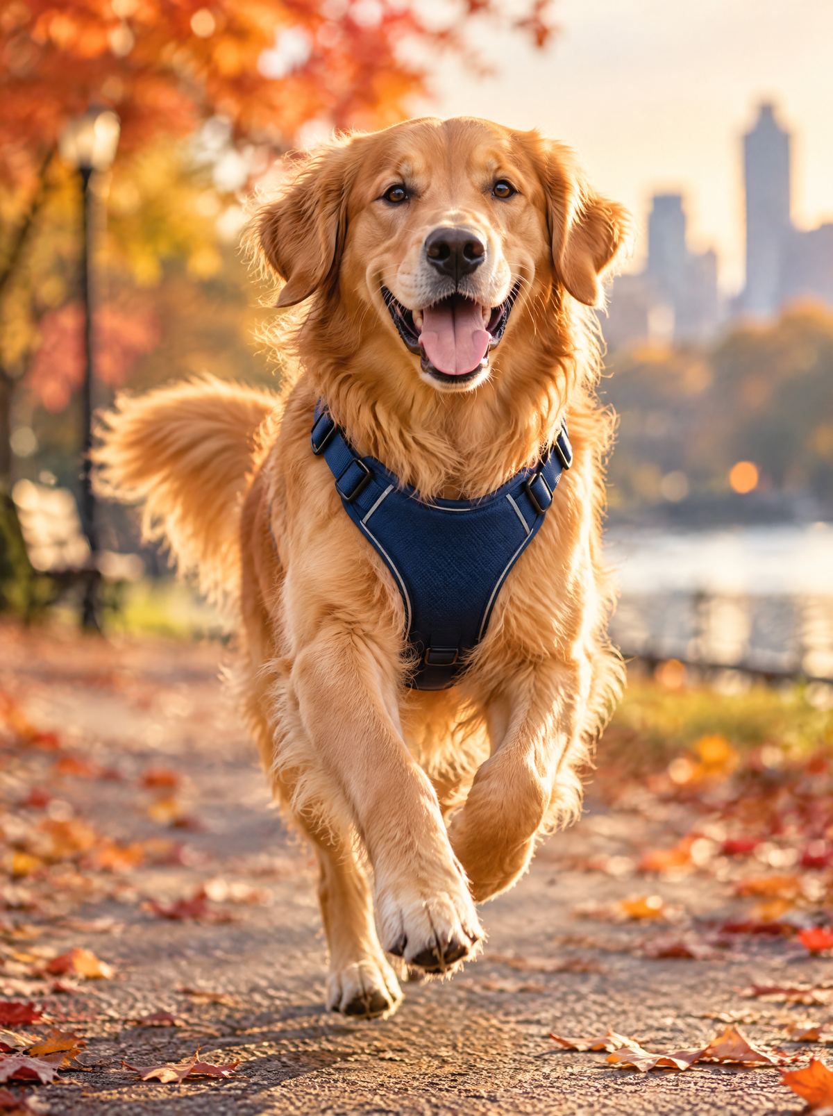 Golden retriever qui court avec un harnais bleu