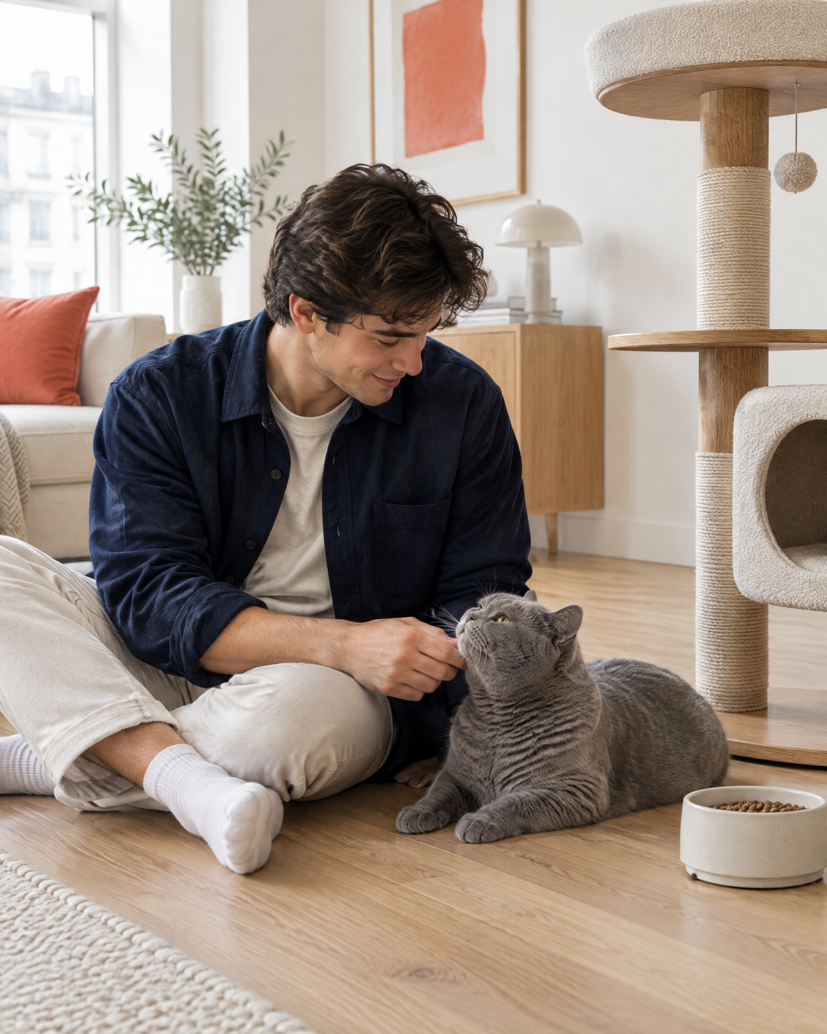 Un homme joue avec son chat gris dans un appartement lumineux